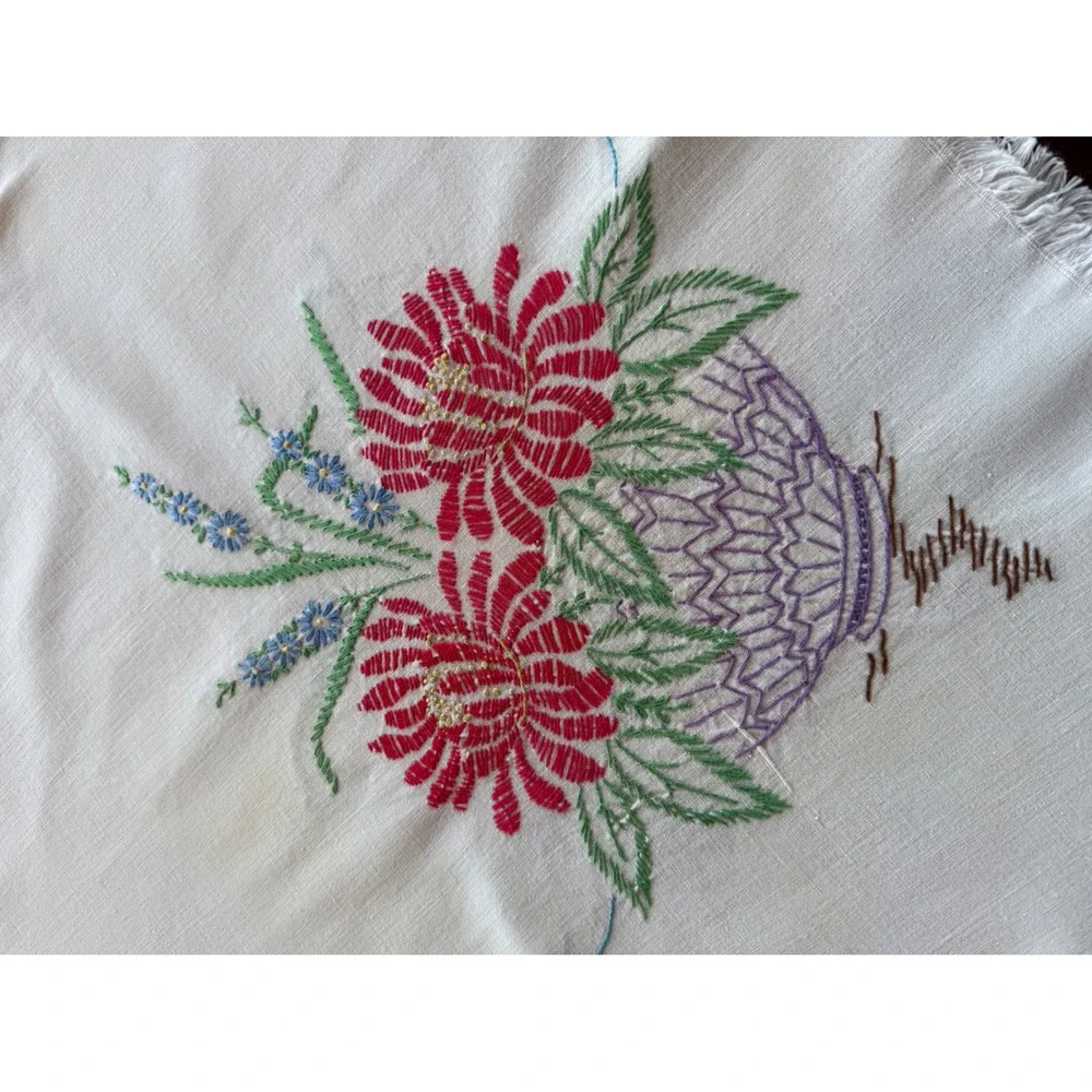 Vintage Embroidered Tablecloth Floral Baskets Fringed 42x50 Cottagecore Folk Art
